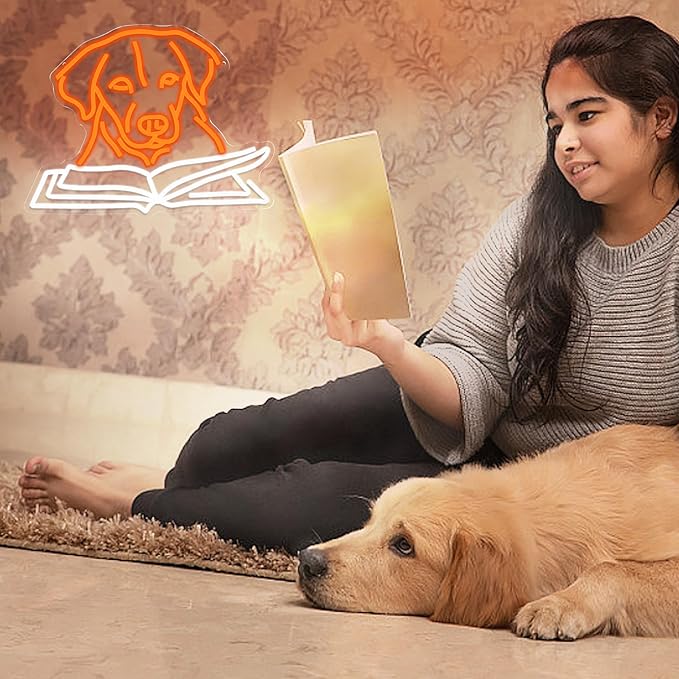 Golden Retriever Reading Book Neon Sign for Wall Decor Usb Powered Labrador Dog Light Up Sign Unique Dimmable Read Books Led Sign for Bookstore Study Room Cafe Pet Shop (16.14 * 12.6 in)