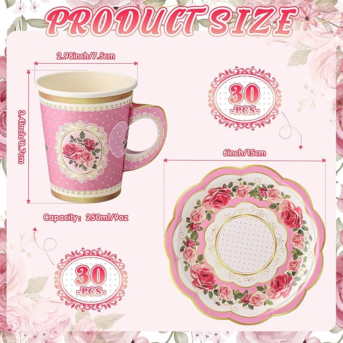 Domensi 60 Pieces Tea Party Decorations Include 30 Pcs 9 oz Paper Cups with Handle and 30 Pcs Tea Party Paper Plates Disposable Blossom Teacups and Saucers for wedding Favors(Classic)