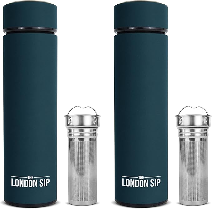 The London Sip Multi-Purpose Travel Mug and Tumbler Fruit Infused Flask Hot and Cold Double Wall Stainless Steel Thermos with Extra-Long Infuser, Midnight Teal, Pack of 2