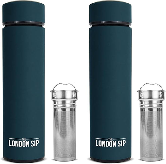 The London Sip Multi-Purpose Travel Mug and Tumbler Fruit Infused Flask Hot and Cold Double Wall Stainless Steel Thermos with Extra-Long Infuser, Midnight Teal, Pack of 2