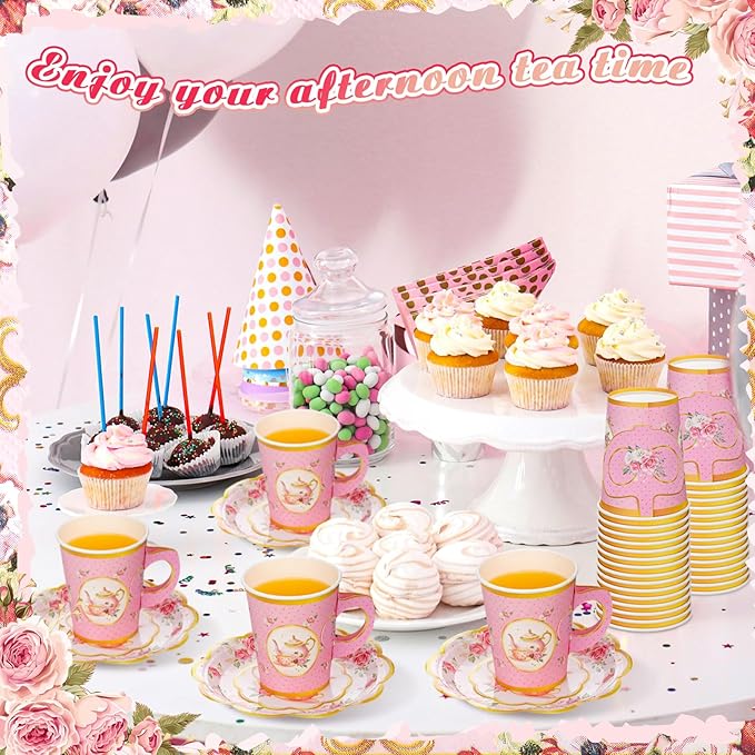 Vesici 150 Pcs Floral Tea Party Decorations for Table 9 oz Disposable Paper Tea Cups with Handles Plates, Saucers and Napkins Set for Spring Party Girl Birthday Wedding Mothers Day(Teapot)