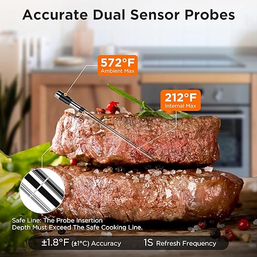 Bluetooth Meat Thermometer with Smart APP, 800FT Wireless Range & LCD Base, Rechargeable Probe, Digital Food Thermometer for BBQ, Grill, Birthday Gifts for Men Dad Him