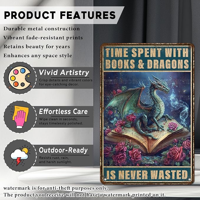 Dragons Vintage Tin Sign Time Spent With Books And Dragons Is Never Wasted Tin Sign for Garage Home Bedroom Bar Wall Decor 12 * 8inch - Image 2