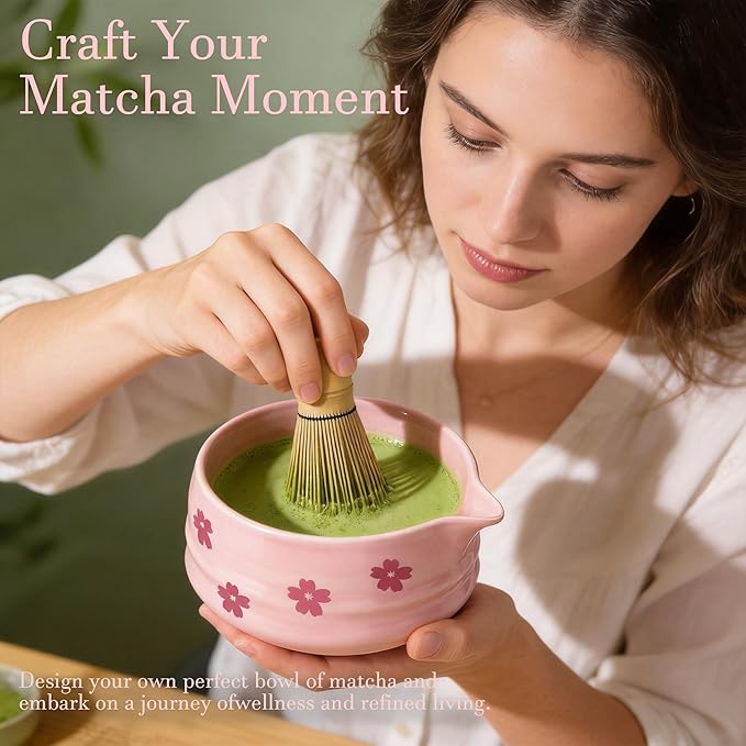 8Pcs Cute Ceramic Matcha Set with Whisk Bowl, Matcha Tea Kit Holder, Bamboo Scoop, Sifter, Towel Included, Valentine's Mother's Day Gift for Matcha Lover Women (Pink Sakura)