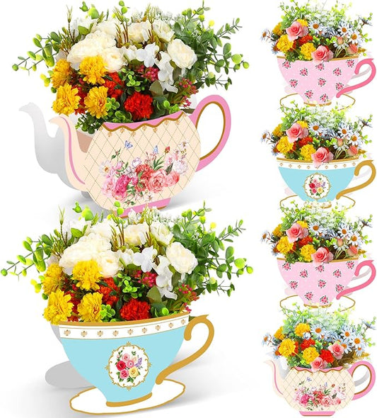 Yinder 6 Pcs Tea Party Decorations Princess Party Flower Boxes Centerpiece Floral Teapot Centerpiece for Floral Tea Themed Birthday Wedding Supplies(Retro Tea Pot Tea Cup)