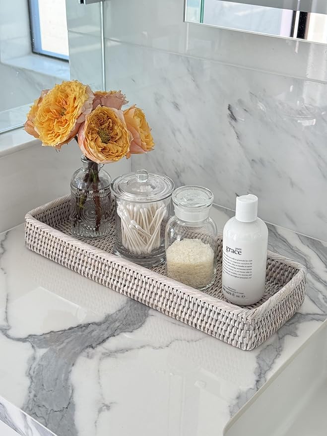 La Jolla Elongated Rattan Vanity Tray (White-Wash)