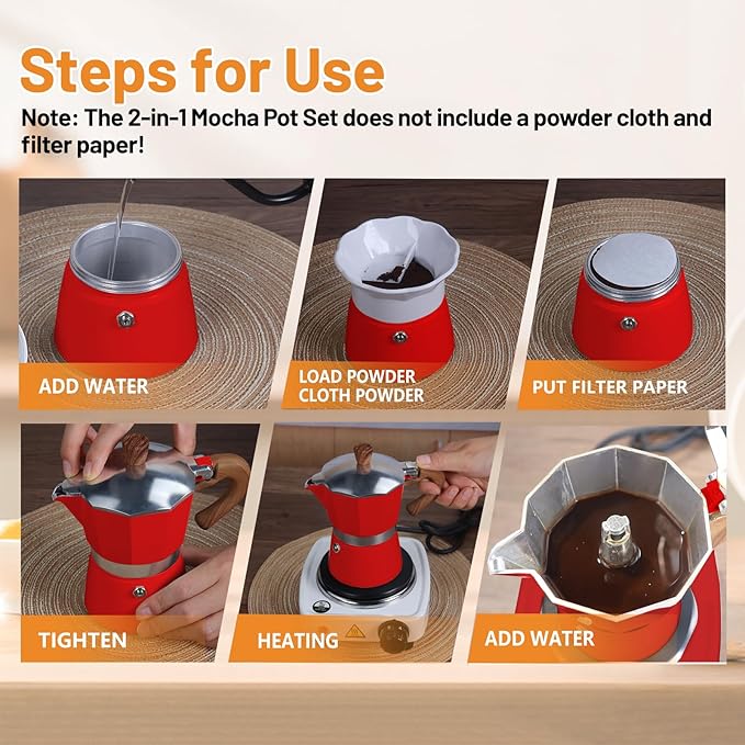 2-in-1 Aluminum Moka Pot Set with Electric Stove Classic Stovetop Espresso Coffee Maker 150ml 5oz Mocha Express Portable Camping Travel Preferred Cafe Makers Italian Cuban Café Brewing 3 Cup