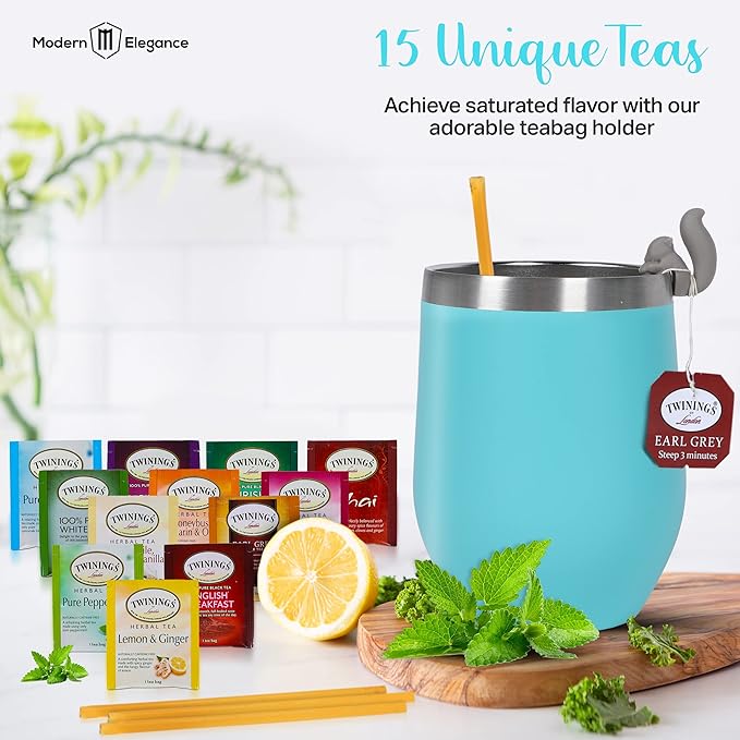 Tea Gifts for Women – Sampler Gift Basket with 15 Unique Blends, Honey Sticks, Stainless Tumbler, Cozy Socks & Gift-Ready Box (Cozy Socks -Teal)