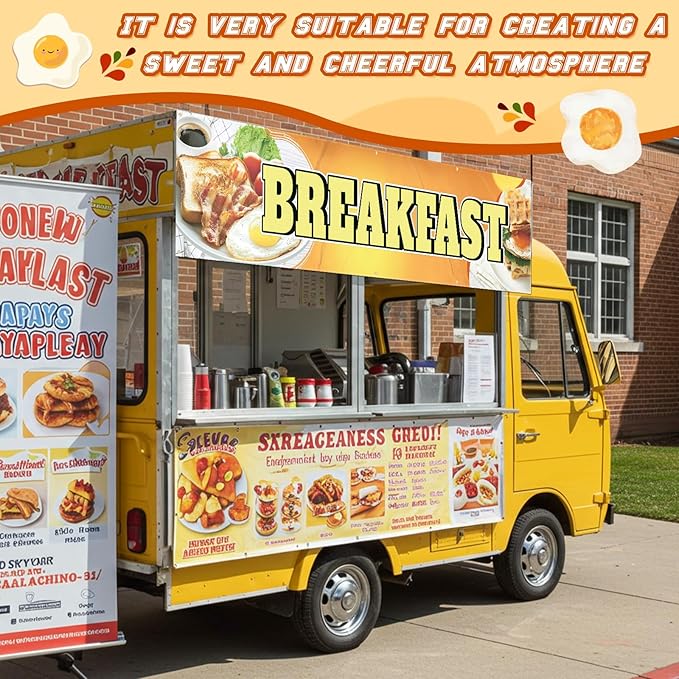 Tegeme Breakfast Banners Sign 2 x 10 Feet Breakfast Flag Decoration Oxford Fabric Banners with 10 Holes for Business Store Outside