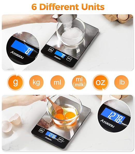 Atogou Food Scale - 33lb Digital Kitchen Scale Ounces Grams, Rechargeable & Full-View Display, Water-Resistant, Batteries or USB-C Charging, Stainless Steel, for Cooking, Meal Prep, Package (Grey)
