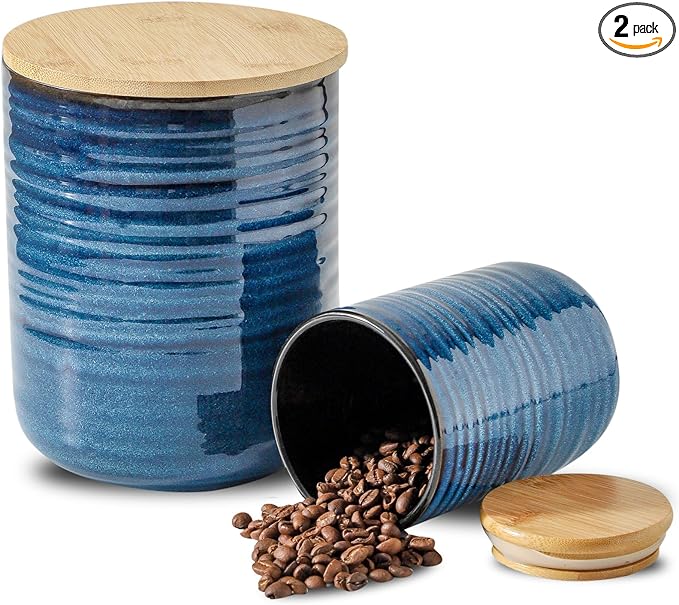 HASENSE Ceramic Food Storage Jars with Bamboo Lids – 80oz + 24oz Kitchen Canister Set – 7.5" & 5.9" Airtight Containers for Coffee, Tea, Sugar, Flour – Pantry Organization Jar Set of 2（Blue）