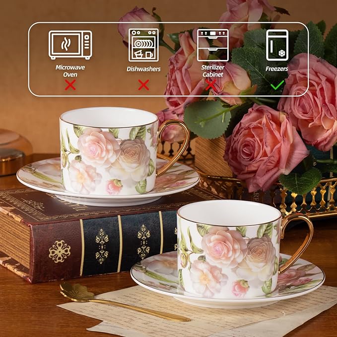 KAMMAK Tea Cups and Saucers Set of 2, Fine Bone China Coffee Cups, Stackable Espresso Mugs, Ceramic Demitasse for Coffee, Cappuccino, Latte, Americano, Tea, White Rose