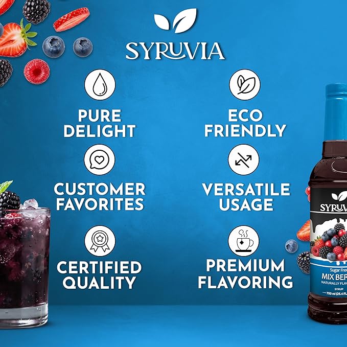 Syruvia Sugar-Free Mix Berry Syrup, Natural Flavors, Syrup for Drinks, Lattes, and Desserts – 25.4 fl oz