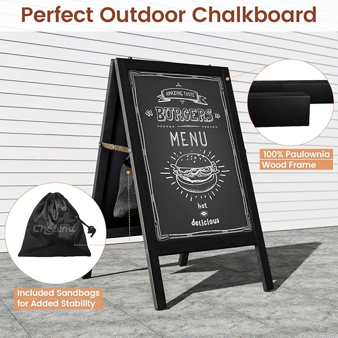 Chezerra A Frame Chalkboard Sign, 40"x20" Extra Large Sidewalk Chalk Board, Wooden Standing ChalkBoards Set with Markers, Double-Sided Magnetic Blackboard for Cafés, Weddings, Party Guide, Black