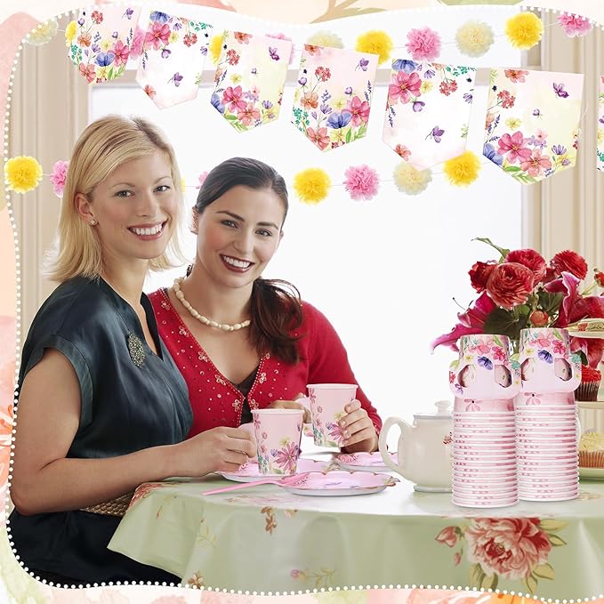 176 Pcs Tea Party Supplies Include Floral Paper Tea Cups and Saucers Disposable Blossom Theme Paper Plates and Napkins Flower Banners for Baby Shower Birthday Bridal Wedding Spring Party