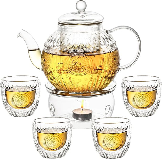 Bandesun Vintage Glass Teapot Set with 4 Cup, 32oz Borosilicate Tea Pot with Removable Infusers for Blooming and Loose Leaf Tea, Tea Warmer with Candlelight, Stovetop Safe, Gift for Women and Adults