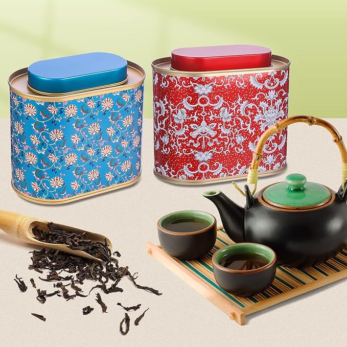 2-Pack Large Tea Tins for Loose Tea With Lid - Metal Sealed Jar Tea Canister Oval Shape 3.53~7oz Small Tin Cans Loose Tea Storage Kitchen Canisters Tea Bag Organizer, Coffee, Candy, Herbs Canister