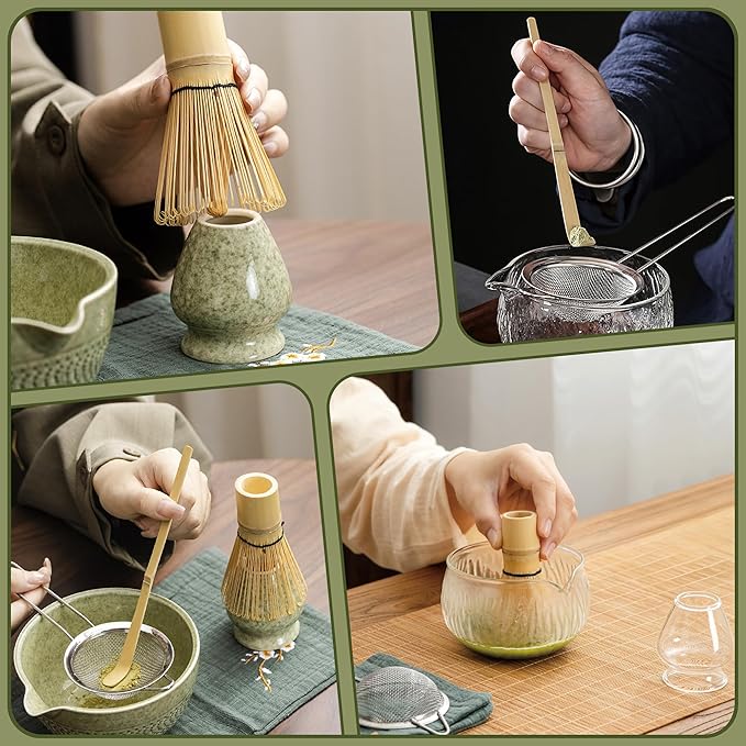 6 Pcs Matcha Whisk Set, Japanese Ceremonial Matcha Making Tools Kit for Bamboo Whisk, Matcha Scoop, Tea Spoon, Ceramic Whisk Holder, Spoon Holder, Powder Sifter - Matcha Green