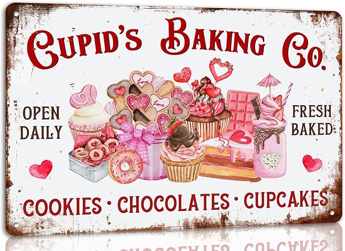 Cupid’S Baking Co Metal Tin Sign Cookies Chocolate Cupcake Valentine's Day Sign for Home Kitchen Restaurant Farmhouse Coffee Bar Wall Decor Decoration Art Sign Vintage Poster 8x12 Inch by Unknown