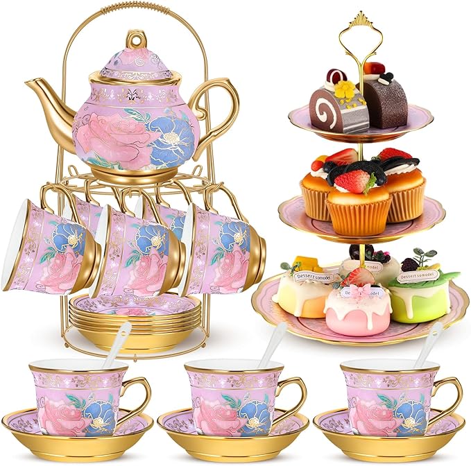 21 Pcs Ceramic Teapot Set Vintage Porcelain Tea Cups with Metal Holder and High Tier Cupcake Stand Saucers for Women Girls Farmhouse European Weddings Party Decor Gifts(Purple,Delicate)