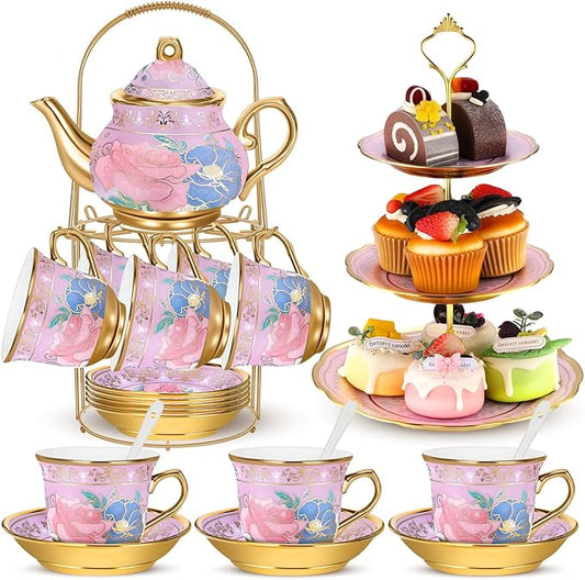 21 Pcs Ceramic Teapot Set Vintage Porcelain Tea Cups with Metal Holder and High Tier Cupcake Stand Saucers for Women Girls Farmhouse European Weddings Party Decor Gifts(Purple,Delicate)