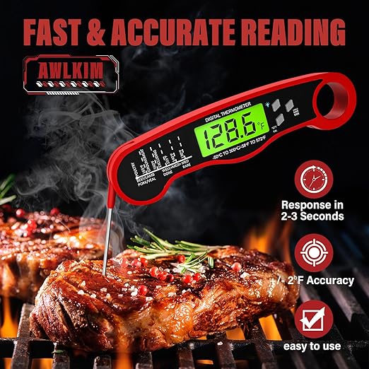 2 Pack Fast Instant Read Meat Thermometer with Backlight - Waterproof Digital Food Probe for Grilling, Cooking, Baking & Candy Making - Kitchen & BBQ Essential(Red)
