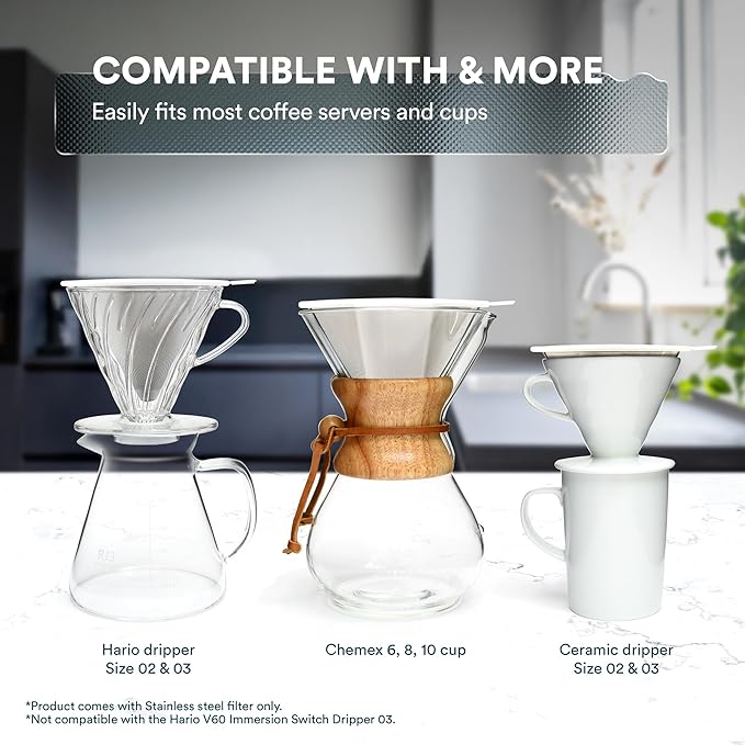OVALWARE UPGRADED Paperless Stainless Steel Pour Over Coffee Filter – Reusable Permanent Coffee Cone Dripper with Silicone Safety Tab for Easy Removal, Fits Ovalware, Chemex, Hario & Other Carafes