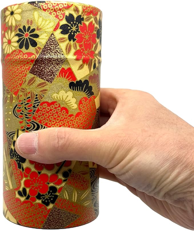 KONJIKI YUGURE Japanese Tea Canister Tin (Golden Twilight) with Double Lid, Japanese Washi Paper Pasted, 200g Tea Capacity, Loose Leaf Tea Storage Container with Lid