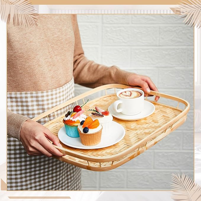 6 Pcs Bamboo Wicker Serving Trays 16.93 x 13 x 1.57 Inch Hand Woven Lap Trays for Eating Rectangular Flat Baskets Trays Decorative Bedroom Bed Tray for Eating Dinner Tray Fruit Snack Holder