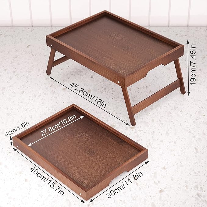 4 Pack Bamboo Bed Tray Table with Folding Legs,Breakfast Trays,Serving Tray for Food and Snack,Laptop Trays for Working(Brown)