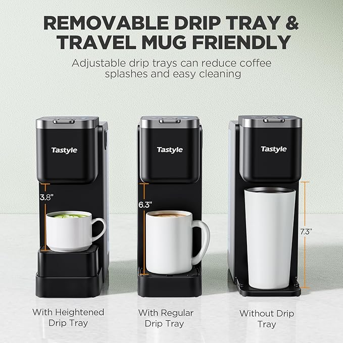 Single Serve Coffee Maker with Built-in Detachable Milk Frother, Iced and Hot Coffee Machine for K Cup & Grounds, 40oz Removable Water Reservoir, 6 Cup Sizes, Fits 7.3" Travel Mug, Black