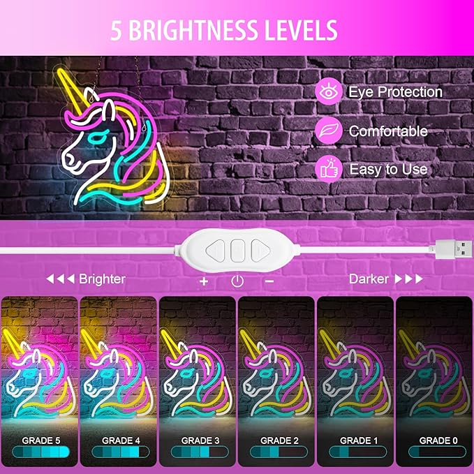 Basaneon Unicorn Neon Sign for Wall Decor, Dimmable Colorful Unicorn Neon Lights for Girls Room, USB Powered Unicorn Led Signs for Bedroom Kids Room, Perfect Gifts Unicorn Lights for Girls(13"*12.6")