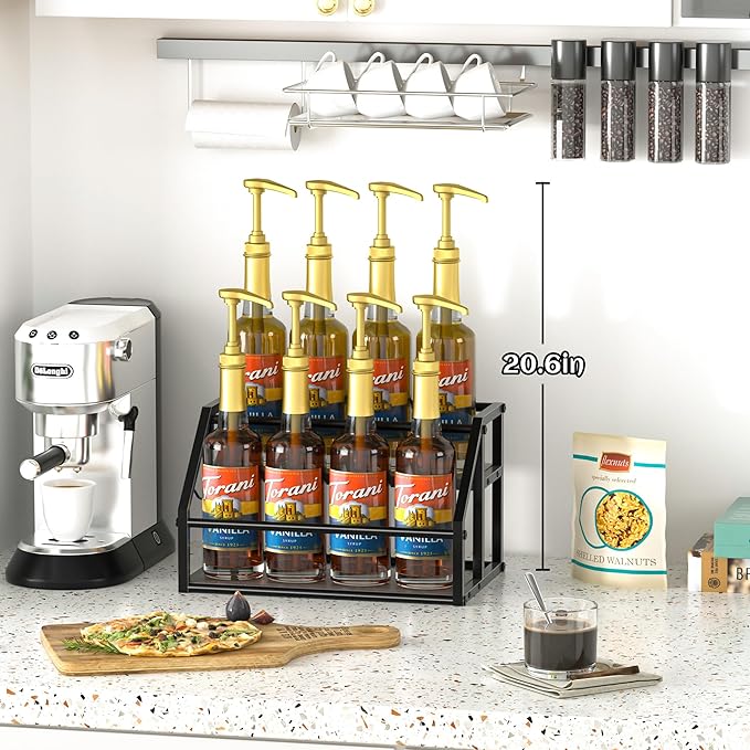 Coffee Syrup Rack Organizer, Syrup Bottle Holder Stand for Coffee Bar, 2-Tier 8 Bottles Storage Shelves for Syrup, Wine, Dressing for Kitchen Countertop, Grey