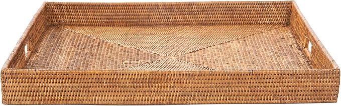 KOUBOO La Jolla Rattan Tray, Square Woven Tray - Decorative Coffee Table, Breakfast Tray, Home Decor, Serving & Basket Style, Extra Large, Honey-Brown