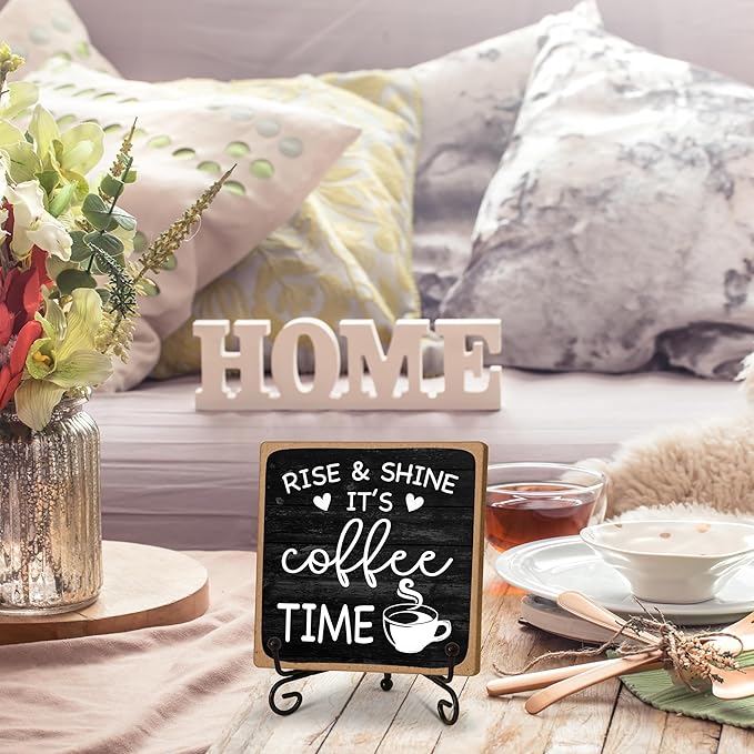 Farmhouse Coffee Bar Sign, Rise & Shine It's Coffee Time, 5"x5" Wood Plaque with Stand Gift for Home Kitchen Tabletop Decor -B09