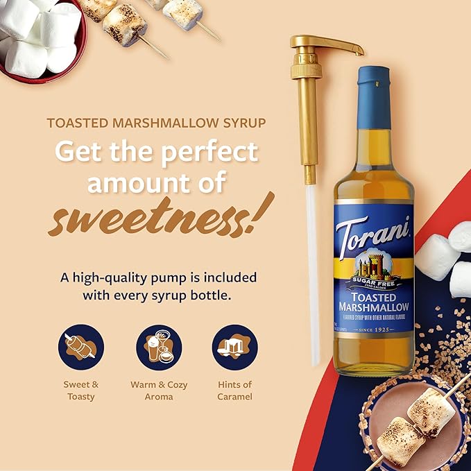 Torani Sugar Free Coffee Syrup, Toasted Marshmallow Flavored Syrup for Drinks, Zero Calorie, Glass Bottle with Pump Included, 25.4 Fl Oz