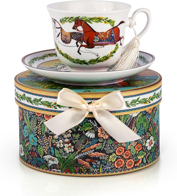 STP GOODS Bone China Tea/Coffee Cup and Saucer in Gift Box Fine Bone China Tea Cup and Saucer Set of One (Running Horse)