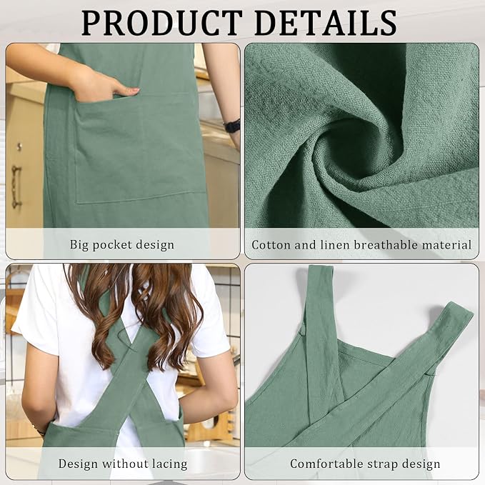 Japanese Style Apron, X Cross Back Strap Aprons, Linen and Cotton Blend Apron, No Tie Design with 2 Practical Front Pockets, Perfect for Women Men Baking Painting Gardening Cleaning (Green) - Image 6