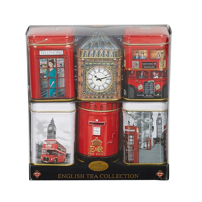 New English Teas Best of British Tea Collection - 6 Iconic London Tins Gift Set (Bus, Big Ben, Phone Box, Post Box) - 4.7oz Loose Leaf English Tea