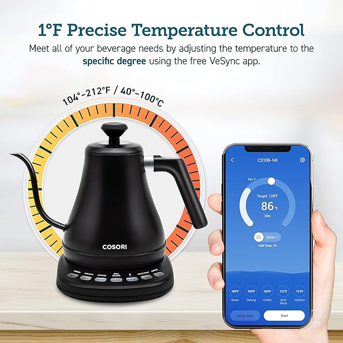 COSORI Electric Gooseneck Kettle Smart Bluetooth with Variable Temperature Control, Pour Over Coffee & Tea Maker, 100% Stainless Steel, Quick Heating, Matte Black