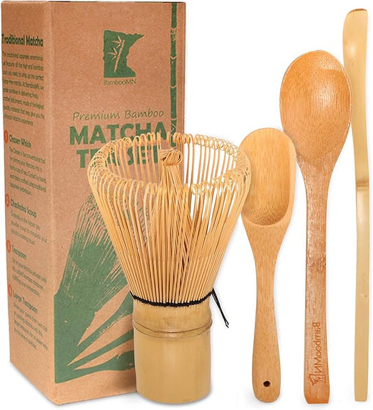 BambooMN Matcha Whisk Set - Golden Chasen (Tea Whisk), Chashaku (Hooked Bamboo Scoop), Deep Scoop, Tea Spoon - 2 Sets