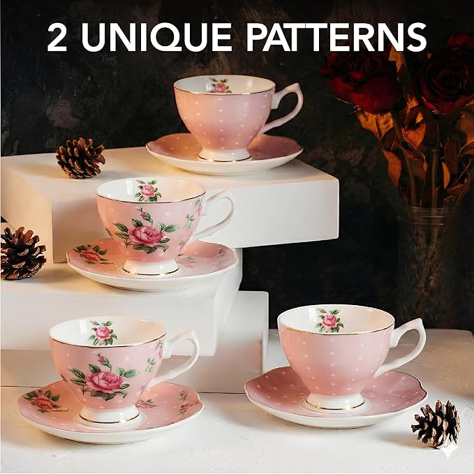 BTaT- Floral Tea Cups and Saucers, Set of 4, 8 oz, Fine Porcelain Teacup Set with Gold Trim for Afternoon Tea, Weddings, Parties & Gifting, Dishwasher Safe, Lightweight, Non-Toxic