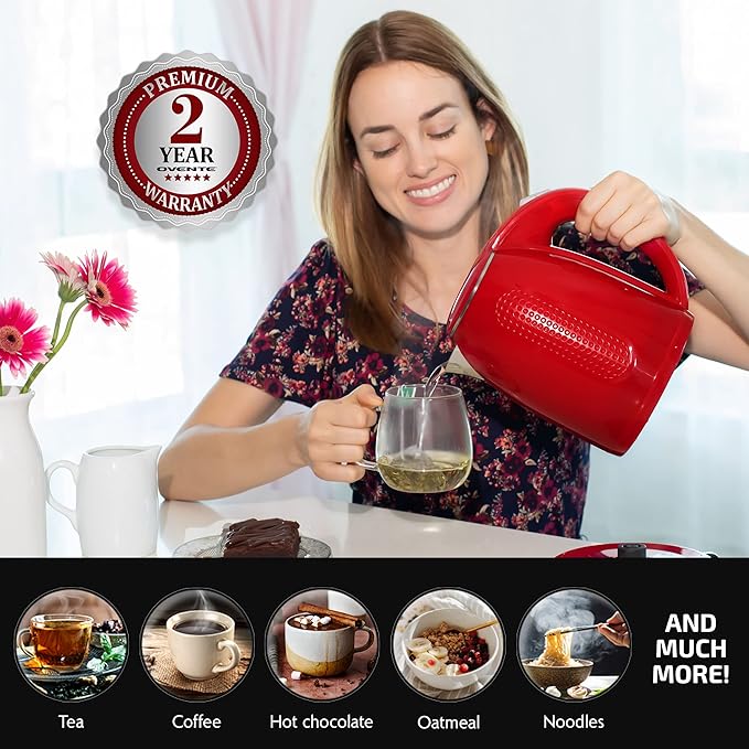 OVENTE 1.7L Double Wall Electric Tea Kettle, 1100W Water Boiler and Heater with Cool-Touch Exterior, Stainless Steel Insulated Interior, Auto Shut-Off, Boil-Dry Protection & Locking Lid, Red KD64R