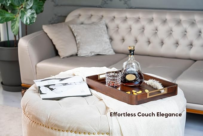 Premium 17.5 x 13 Inch Acacia Wood Serving Tray with Metal Handles – Large Ottoman Coffee Table Centerpiece for Bed, Couch & Patio – Rustic Wood Trays Home Decor for Breakfast, Drinks & Gifts