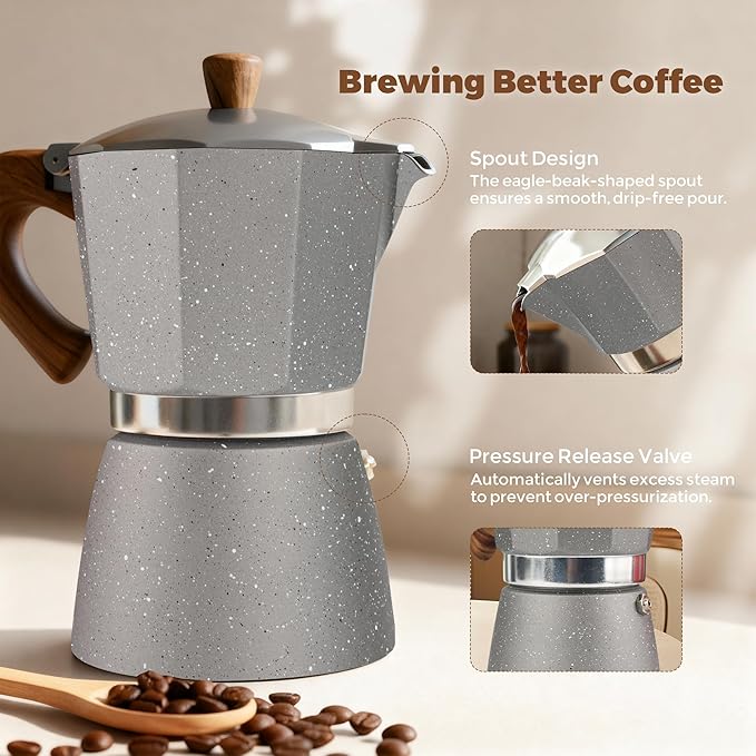 ShanSon Moka Pot Stovetop Espresso Maker 3 Cup 5 oz Italian Coffee Maker Manual Cuban Coffee Percolator Machine Italian Espresso Greca Coffee Maker for Cappuccino or Latte,Gray