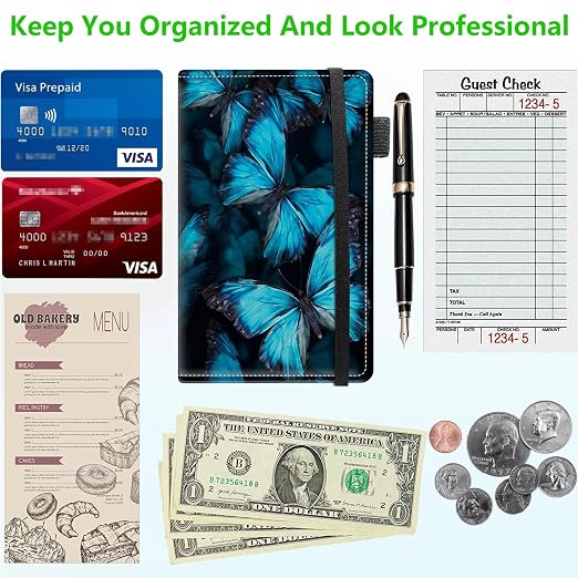 Server Books for Waitress with 11 Large Pockets, Waitstaff Server Order Pads, Leather Waitress Book Server Wallet with Elastic Band Fit Server Apron, Blue Butterflies - Image 5