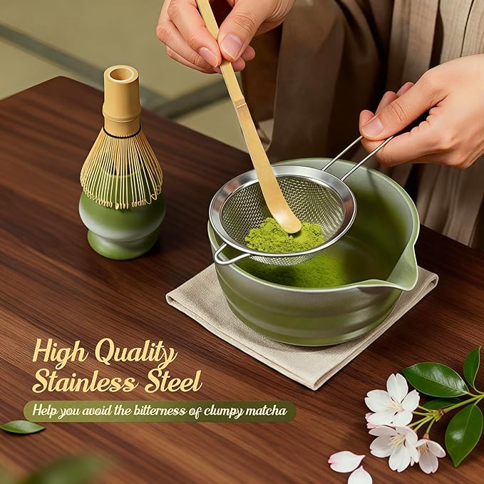 5 Pcs Gradient Green Matcha Set - Ceramic Bowl, Bamboo Chasen, Holder, Scoop & Sifter for Tea Ceremony Enthusiasts, Matcha Whisk Set for Tea Lovers