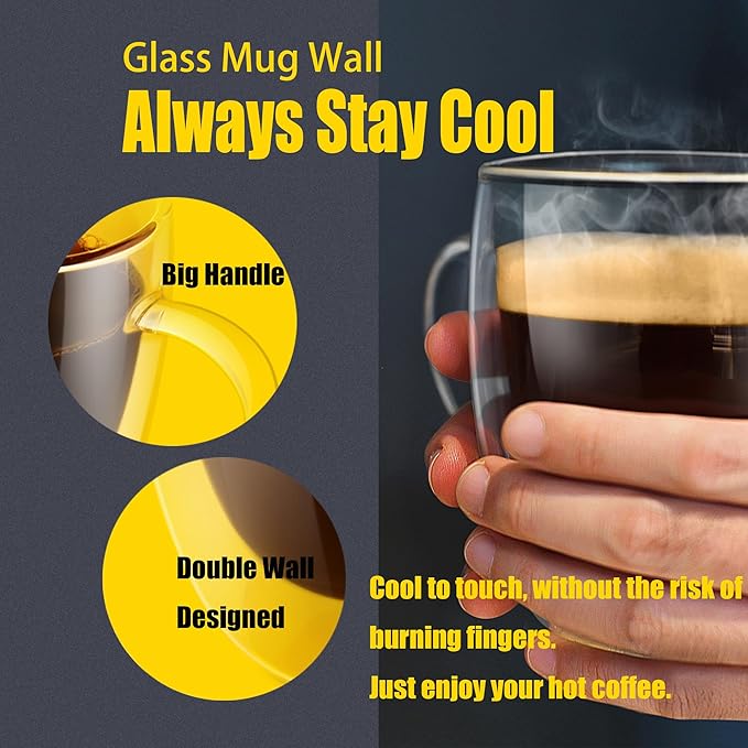 PunPun Coffee 12oz.350ml Glass Mugs Espresso Cups Coffee Glass Cups Champagne Glass Clear Drinking Cups, Tea Cups Wine Glass, Microwave Safe Borosilicate Glass Cup (12 OZ./Set of 2)