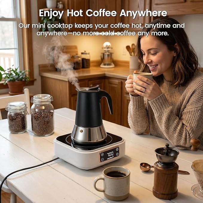 Moka Pot Coffee Maker 4 Cup with Mini Induction Cooktop - Stainless Steel Stovetop Espresso Maker Set 700W 120V Portable Burner for RV Travel Kitchen