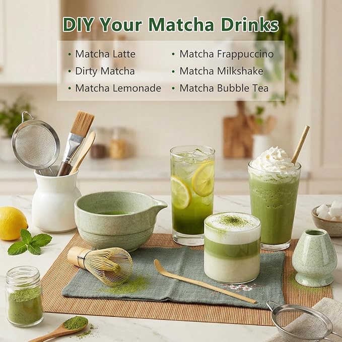 Matcha Whisk Set 11 Pcs - Japanese Matcha Kit with Bamboo Chasen, Ceramic Bowl with Spout, Scoop, Sifter, Towel - Tea Ceremony Gifts for Matcha Lovers, Christmas, Beginners, Birthday (Green)